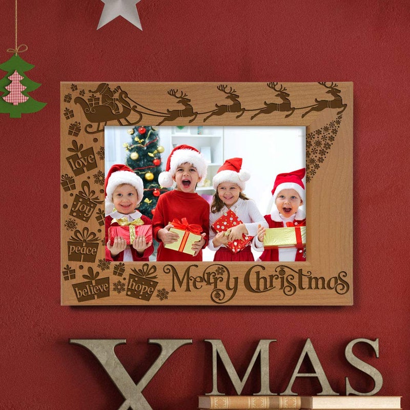KATE POSH Merry Christmas Love Peace Joy Believe Hope, The Magic of Christmas Family Picture Frame. Santa, Reindeer and Sleigh Decor. Engraved Natural Wood Photo Frame (4x6-Horizontal) - Image 5